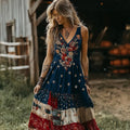 Independence Day Floral Patchwork Print V-neck Tank Midi Dress elevenforest