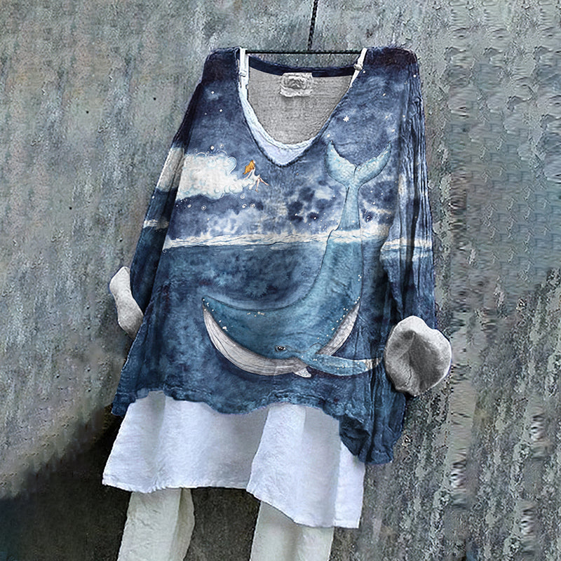 Vintage Fantasy Humpback Whale Dreamy Art Pattern Linen Blend Tunic elevenforest