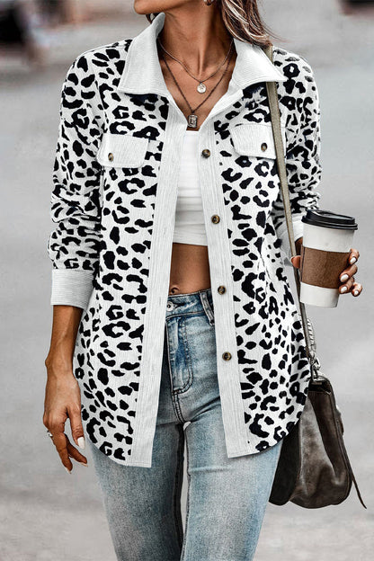 Sweet Leopard Pocket Turndown Collar Tops