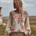 Bohemian Style Round Neck Long Sleeve 3d Floral Design Women's Sweater elevenforest