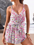 Floral Art Print V-Neck Bra Pantskirt Bikini Set
