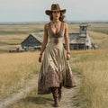Women's Vintage Western Paisley Print V-neck Sleeveless Midi Dress elevenforest