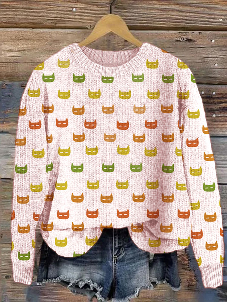 Colorful Cats Pattern Cozy Knit Sweater elevenforest