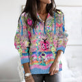 Vintage Floral Print Zipper Knitted Cozy Pullover Sweater elevenforest