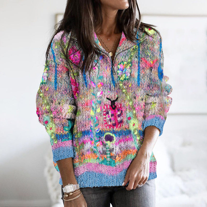 Vintage Floral Print Zipper Knitted Cozy Pullover Sweater elevenforest