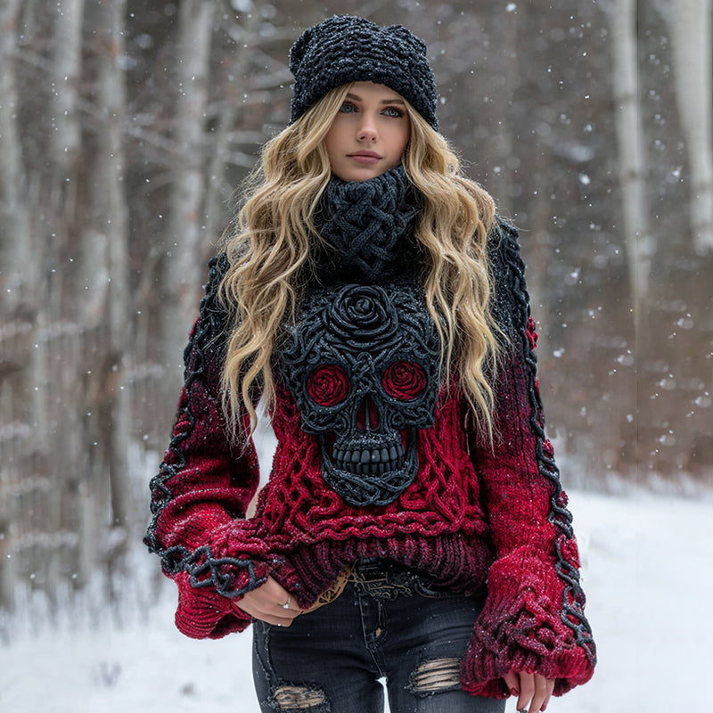 Women's Halloween Black Rose And Skull Inspired Chunky Knit Turtleneck Sweater elevenforest