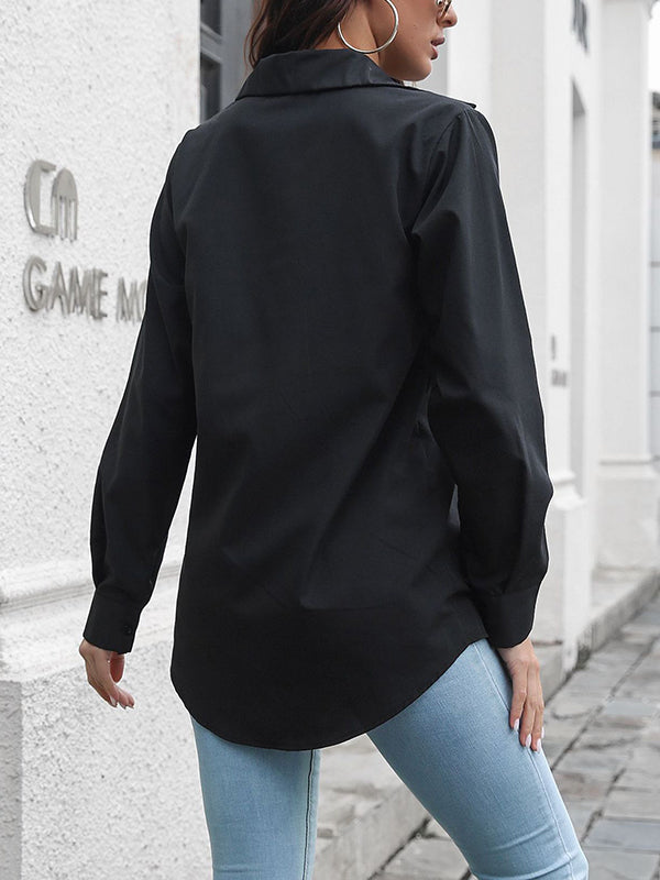 Long Sleeves Loose Color Split-joint Lapel Blouses