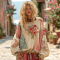 Women's Floral Embroidery Color Block Boho Casual Crew Neck Sweatshirt elevenforest