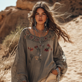 Boho Floral Embroidery Patchwork Art Print Cotton And Linen Blend Loose Blouse elevenforest