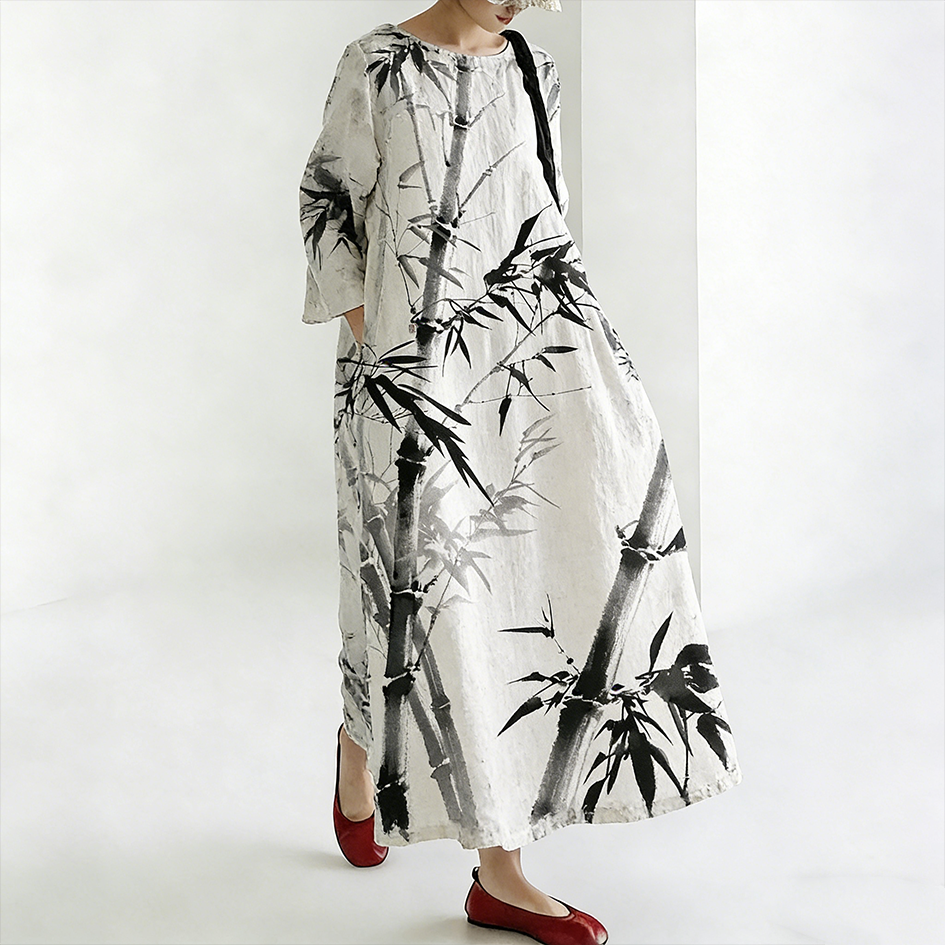 Comstylish Japanese Art Retro Watercolor Bamboo Pattern Long Dress
