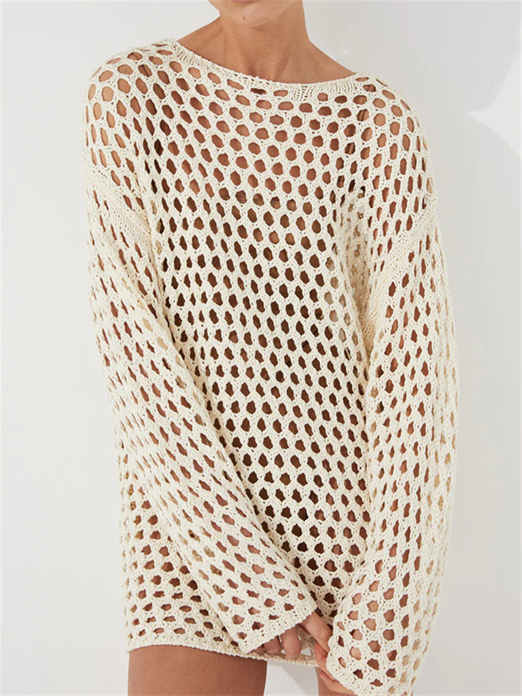 Tossy Knit Hollow Out Cover Up Mini Dress for See-through Loose Beach Holiday Clothes Summer Patchwork Knitwear Cover Up