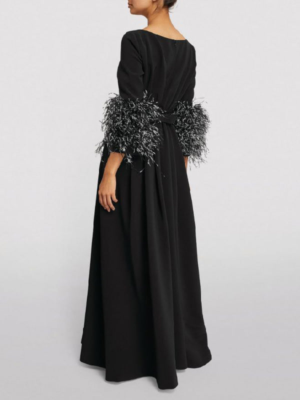 Simple Black and White Feather Long Sleeve Party Dress