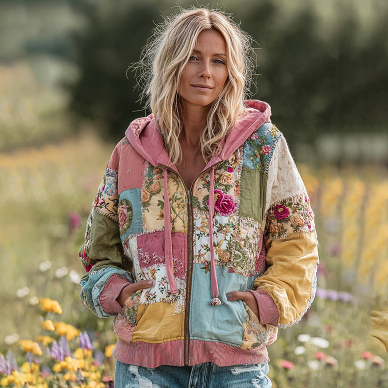 Women's Vintage Floral Patchwork Cozy Warm Zipper Hoodie elevenforest