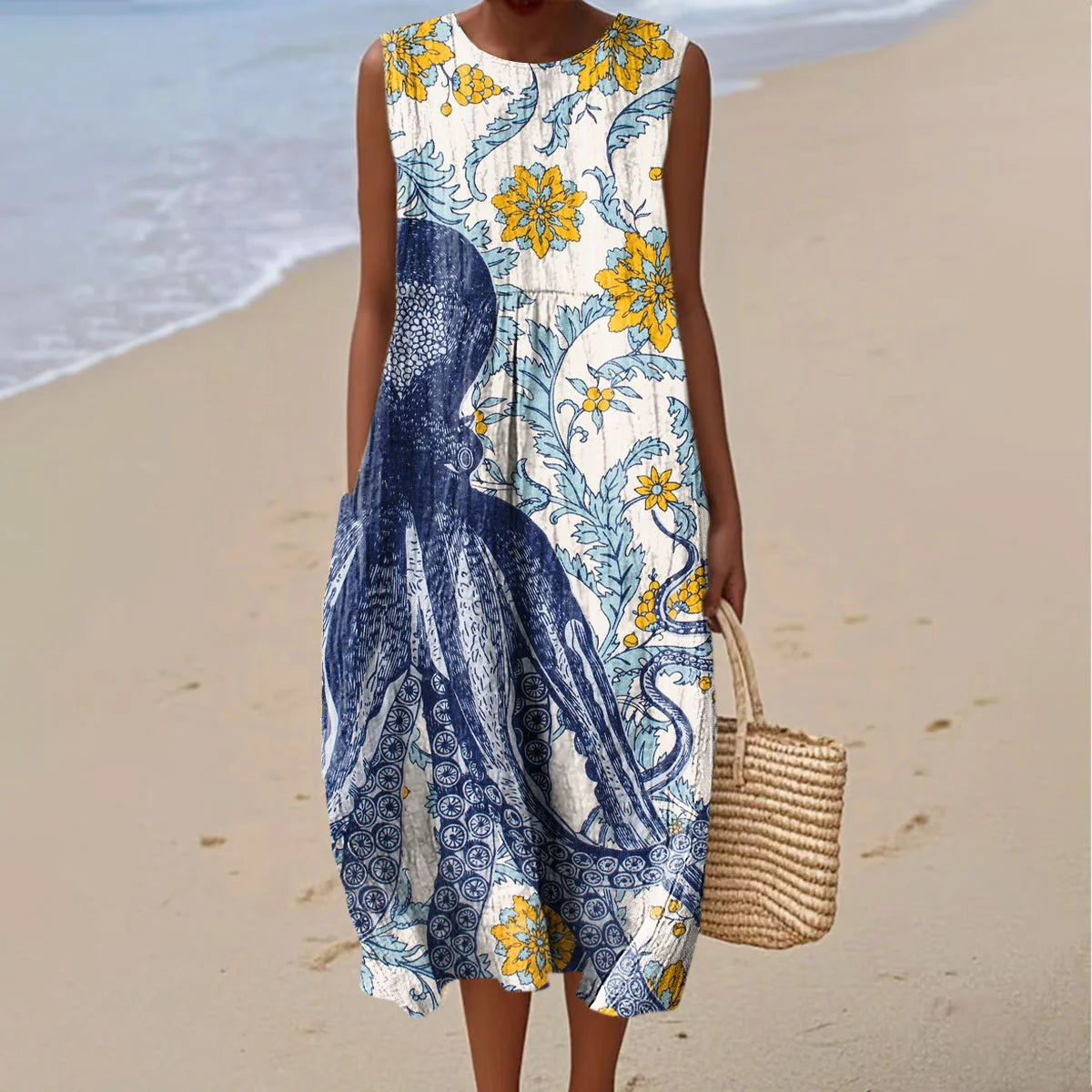 Women's Vintage Octopus And Floral Print Cotton Casual Dress elevenforest