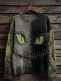 Comstylish Halloween Black Cat Face Contrast Stitched Cozy Knit Sweater