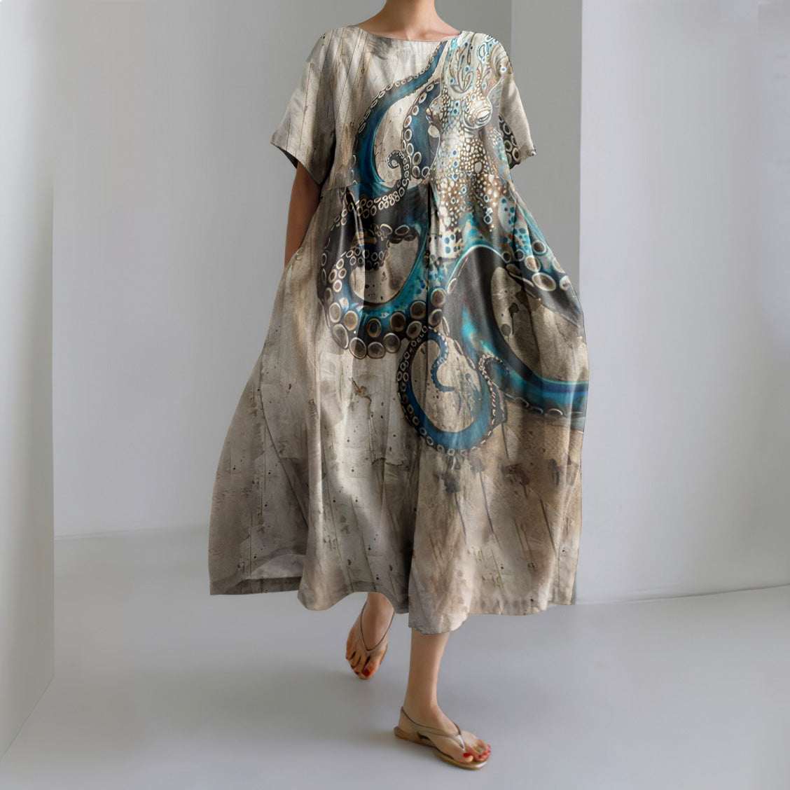 Vintage Octopus Art Print Short Sleeve Loose Midi Dress elevenforest
