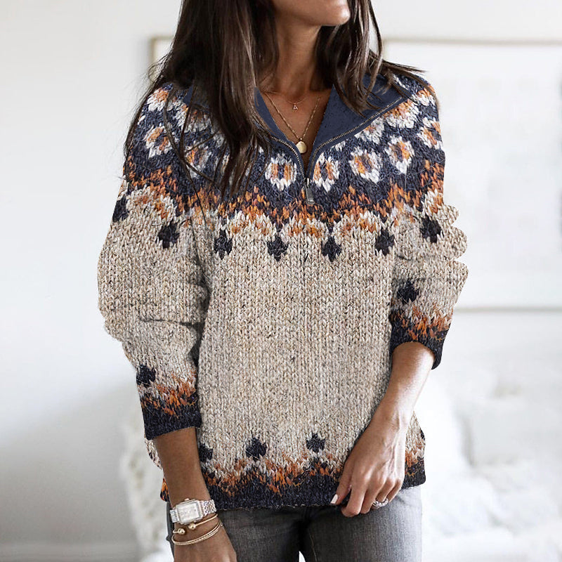 Vintage Geometry Contrast Jacquard Ziper Cozy Sweater elevenforest
