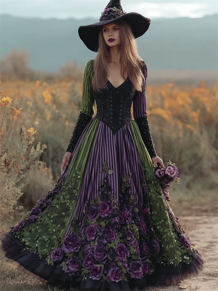 Halloween Vintage Roses Lace Embroidered Witch Linen Maxi Dress elevenforest
