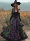 Halloween Vintage Roses Lace Embroidered Witch Linen Maxi Dress elevenforest