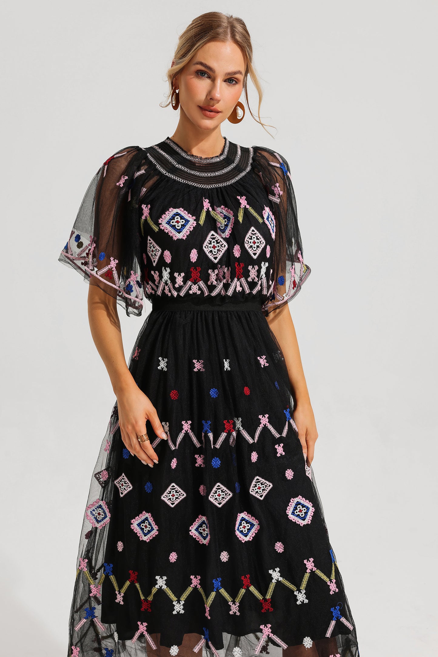 Mesh Embroidered Smocking Midi Dress