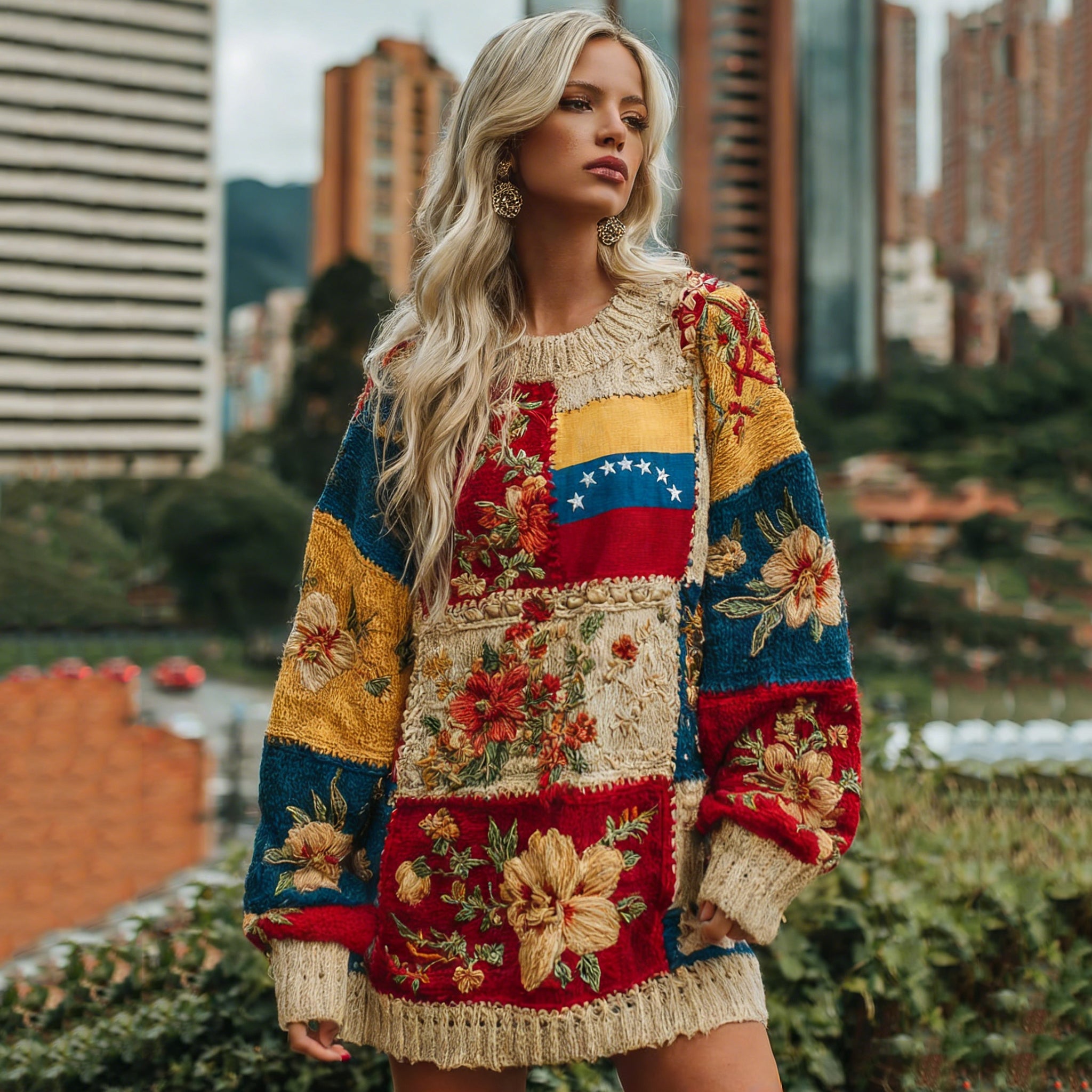 Wwomen's Stand With Venezuela Inspired Venezuela Flag With Floral Patchwork Art Cozy Knit Dress elevenforest
