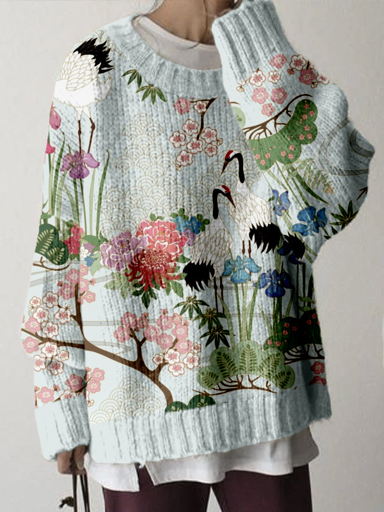 Comstylish Japanese Crane Garden Art Cozy Knit Sweater