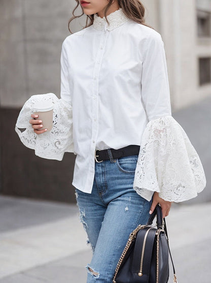 Long Sleeves Loose Buttoned Color Split-joint Mock Neck Blouses&shirts Tops