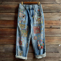 Women's Bohemian Style Colorful Floral Cat-themed Dreamy Embroidered Jeans elevenforest