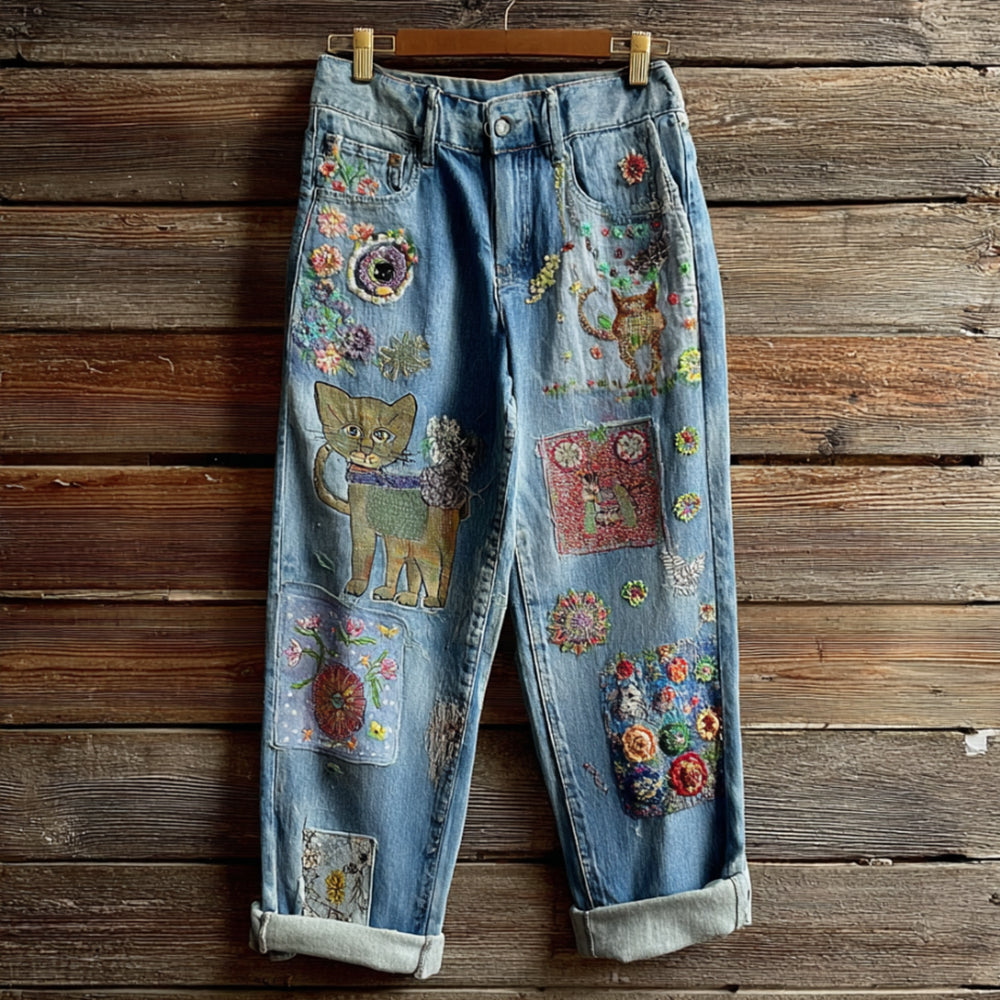 Women's Bohemian Style Colorful Floral Cat-themed Dreamy Embroidered Jeans elevenforest