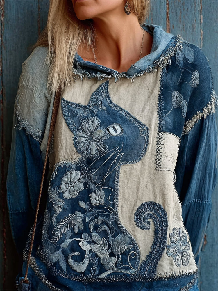 Vintage Floral Cat Denim Fiber Art Patchwork Hoodie elevenforest