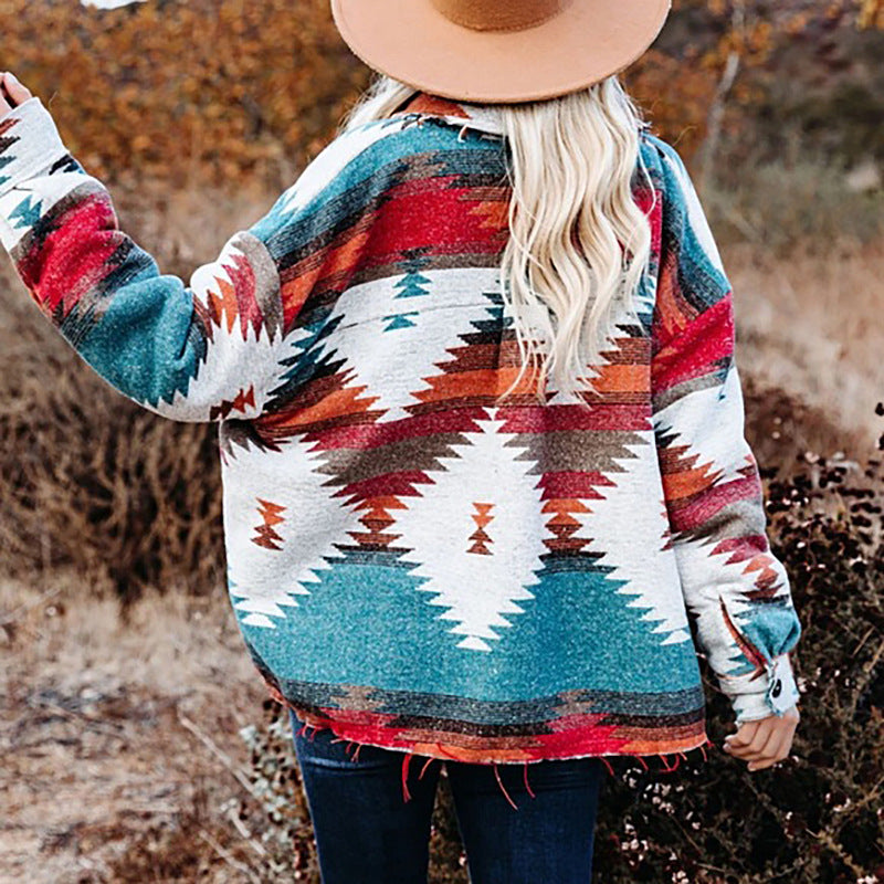 Autumn Winter Retro Geometric Abstract Printed Long Sleeved Cardigan Woolen Coat