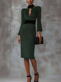 Emerald Green Knitted Midi Dress With Black Neckline And Belt