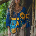 Ethnic Sunflowers Embroidered Patchwork Linen Tunic elevenforest