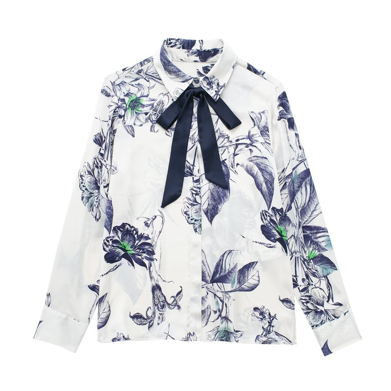 Spring Bowknot Decoration Collared Shirt – Print ’s Blouse