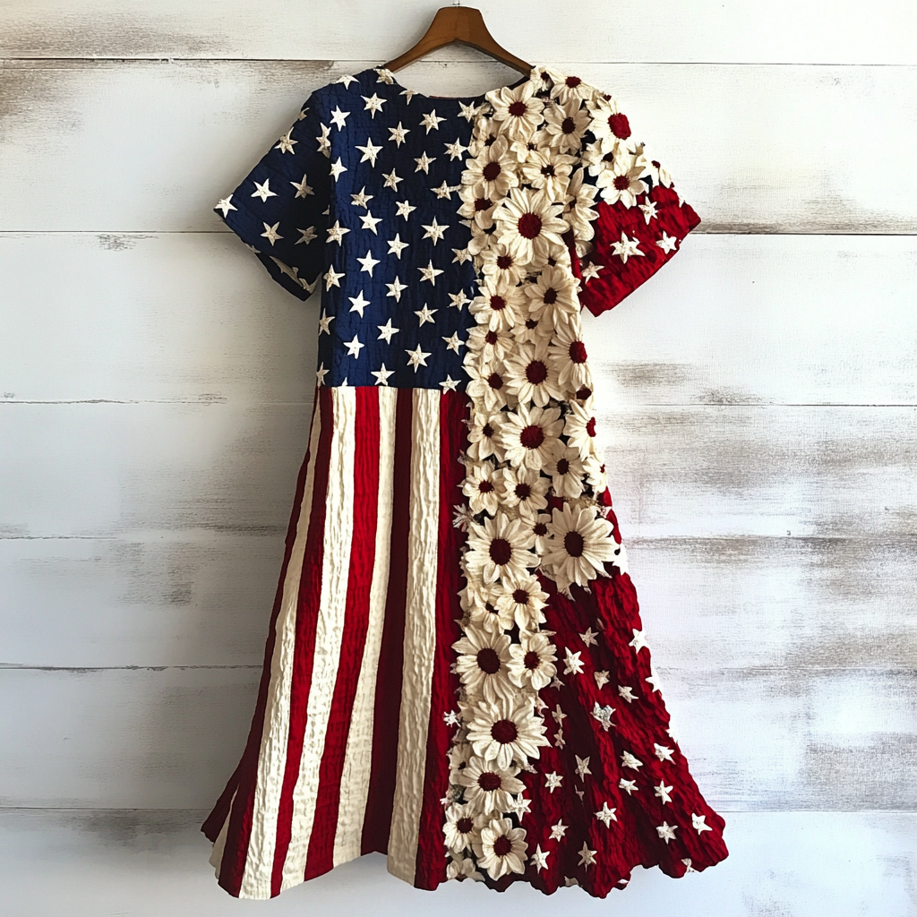 Women's Independence Day Flag Floral Art Short Sleeve Dress elevenforest