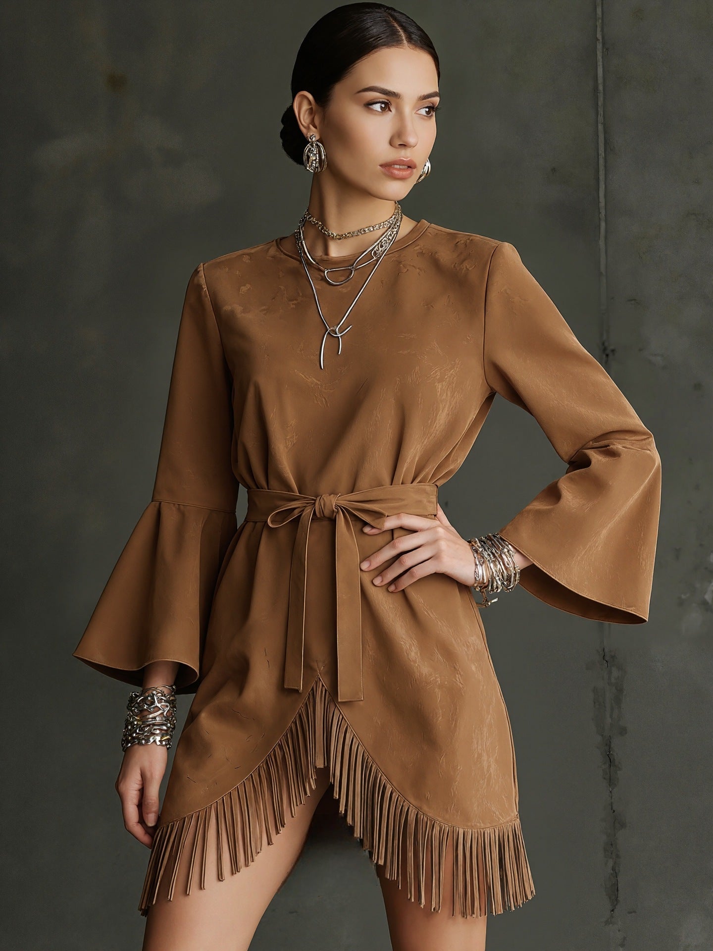 Comstylish Fashion Retro Temperament Round Neck Fringe Flared Sleeve Long Sleeve Women's Dress
