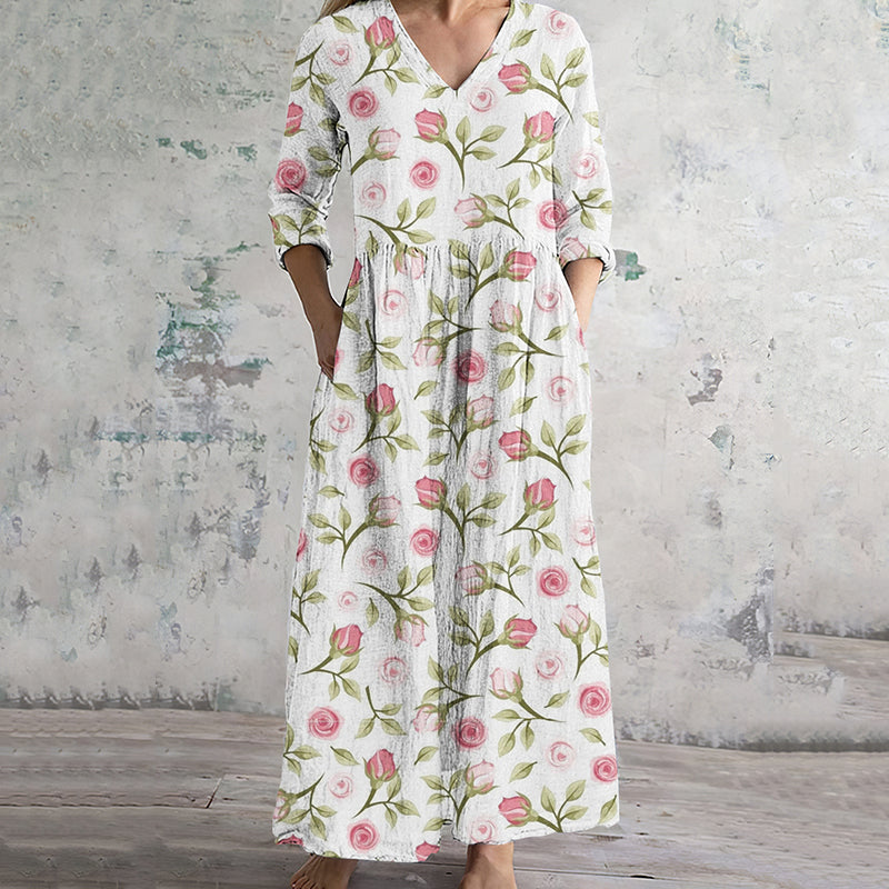 Vintage Flowers Pattern Women's Linen Dress elevenforest