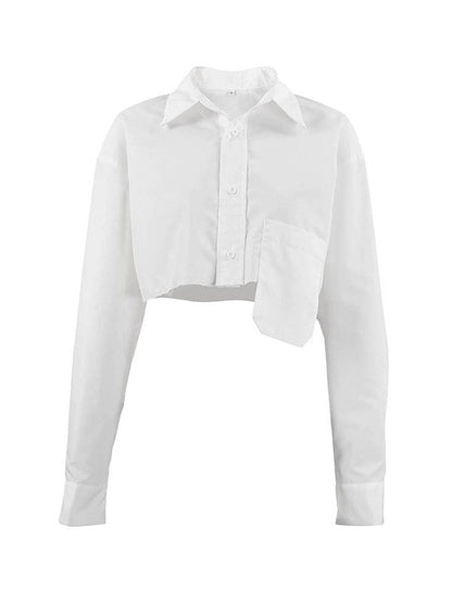 Long Sleeves Loose Asymmetric Buttoned Pockets Color Split-joint Lapel Blouses&shirts Tops