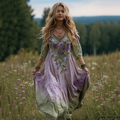 Women's Vintage Purple Floral Linen Long Sleeve Dress elevenforest