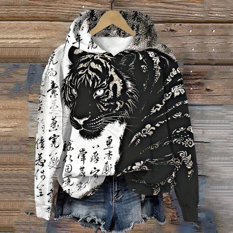Comstylish Vintage Tiger Calligraphy Art Pattern Comfy Hoodie
