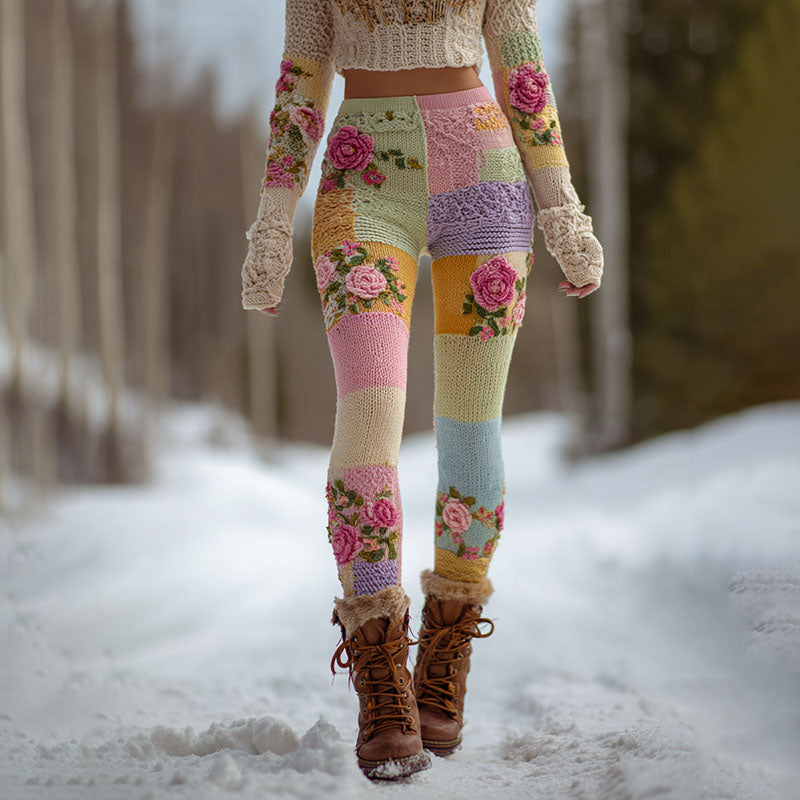 Women's Vintage Floral Patchwork Cozy Knit Leggings elevenforest