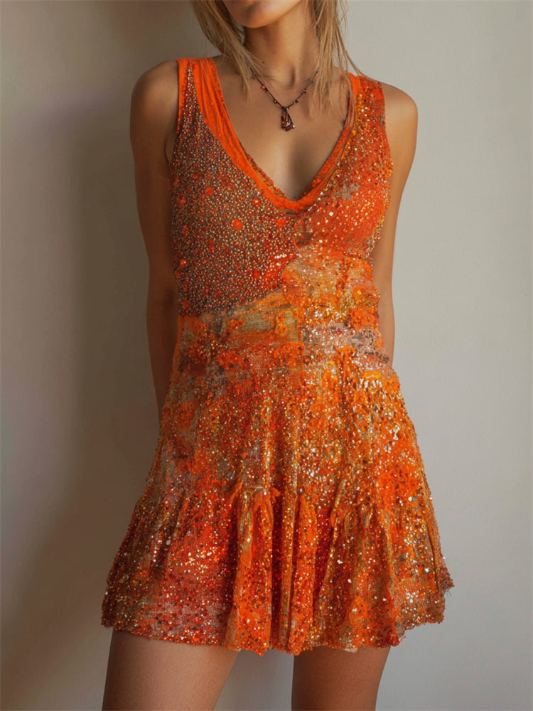 Orange Glitter Sequins Flowy Wide Skirted Mini Dress elevenforest