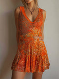 Orange Glitter Sequins Flowy Wide Skirted Mini Dress elevenforest