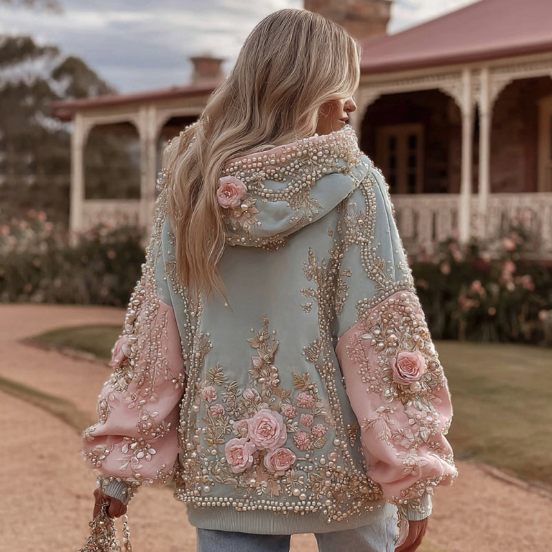 Women's Vintage Pink Floral Embroidery Art Contrast Color Stitching Long Sleeve Hoodie elevenforest