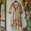 Women's Vintage Embroidered Flower V-neck Loose Linen Blend Midi Dress elevenforest