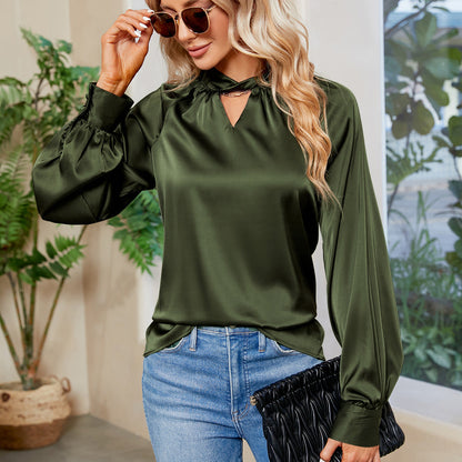 Satin Silk Blouse Tops V Neck Long Sleeve Loose Shirt Summer Tops Blouse Tops