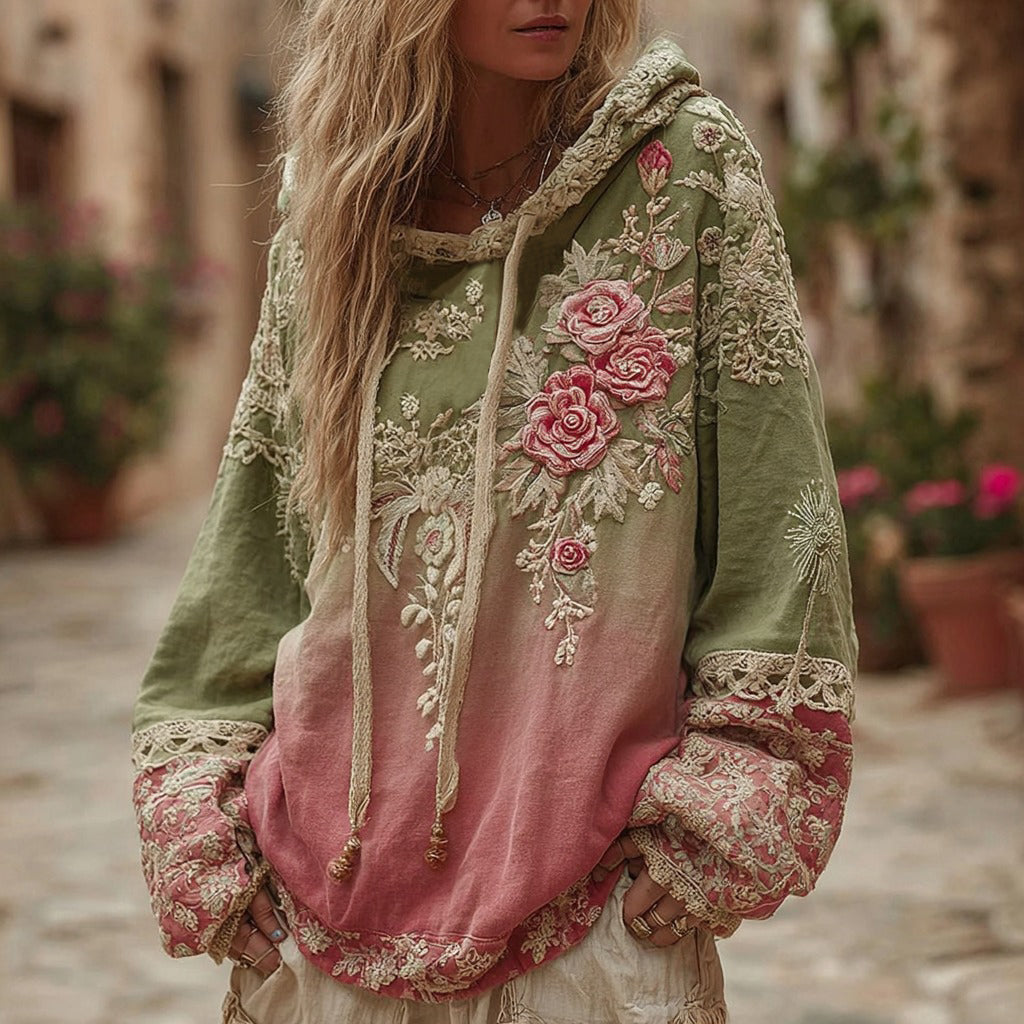 Love & Health Collection Classic Floral Embroidery Gradient Art Linen Long Sleeve Hoodie elevenforest