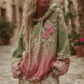 Love & Health Collection Classic Floral Embroidery Gradient Art Linen Long Sleeve Hoodie elevenforest