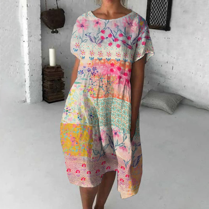 Retro Colorful Geometric Floral Art Flowy Midi Dress elevenforest