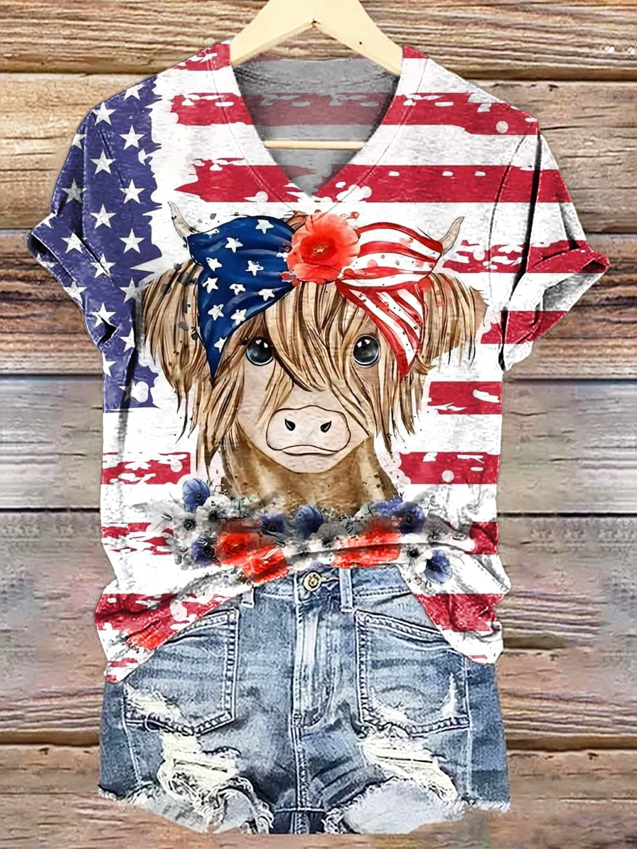 Women's Flag Highland Cattle Art Pattern Print V-neck Casual T-Shirt